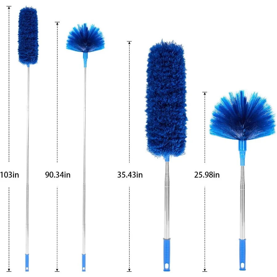 Espanador de teia de aranha com poste de extensão, kit de espanador de limpeza lavável com 2 cabeças de espanador e escova de canto ajustável de alumínio