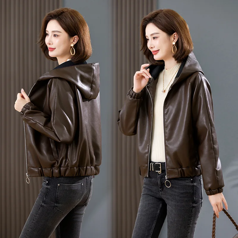 الخريف الشتاء المخملية الدافئة تقليد سترة جلدية النساء ملابس خارجية موضة قصيرة فضفاضة مقنعين سترة جلدية الإناث بلايز عادية #5