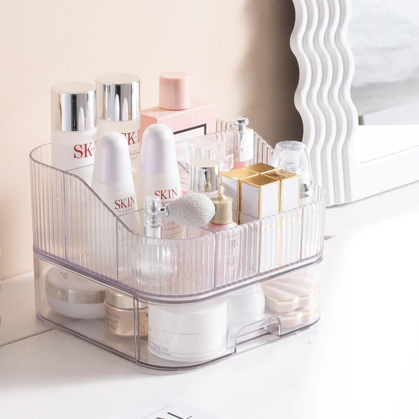 

Makeup Organizer with Stackable Drawer Countertop Vanity Cosmetics Organizers for Skincare Perfumes Lotions Lipsticks