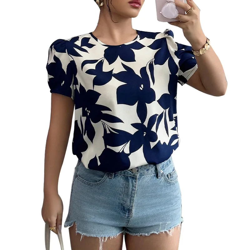 Novedad de verano 2025, camisas europeas y americanas de estilo de vacaciones para mujer, camisas tipo jersey estampadas, camisetas de manga corta para mujer