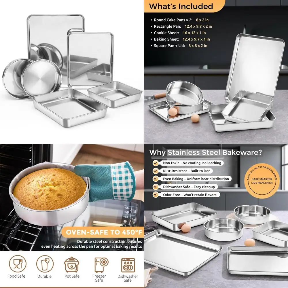 

e-far stainless steel baking pan set, 6-piece metal bakeware sets include cookie sheet, round square rectangle cake pans, non-to