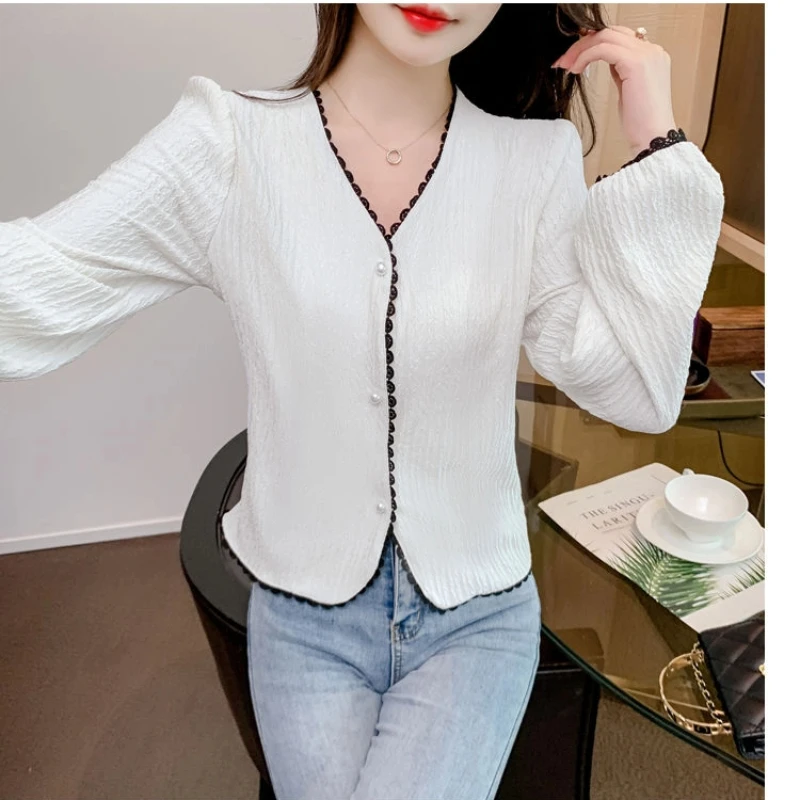 봄 가을 V 넥 긴 소매 대비 패치 워크 우아한 블라우스 솔리드 루즈 빈티지 셔츠 탑 캐주얼 패션 여성 의류