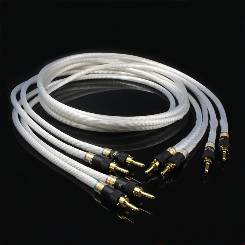 One Pair Silver-plated Speaker Cable Hi-end 5N OCC Speaker Wire For Hi-fi Systems Y Plug Banana plug Speaker Cable