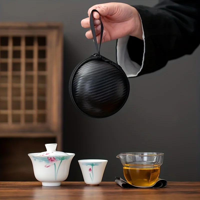 1 Set, Tea Set, Lotus Tea Set, Chinese Kung Fu Ceramic Teapot, Portable Handmade Teaware, Covered Bowl, Tea Set For Camping