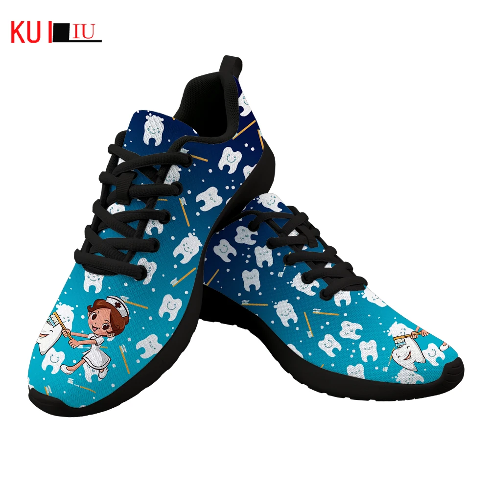 KUILIU Autumn Dentist Sneaker Women Casual Flats Catoon Funny Dental Nurse Footwear Lace Up Walking Shoes Dropshipping