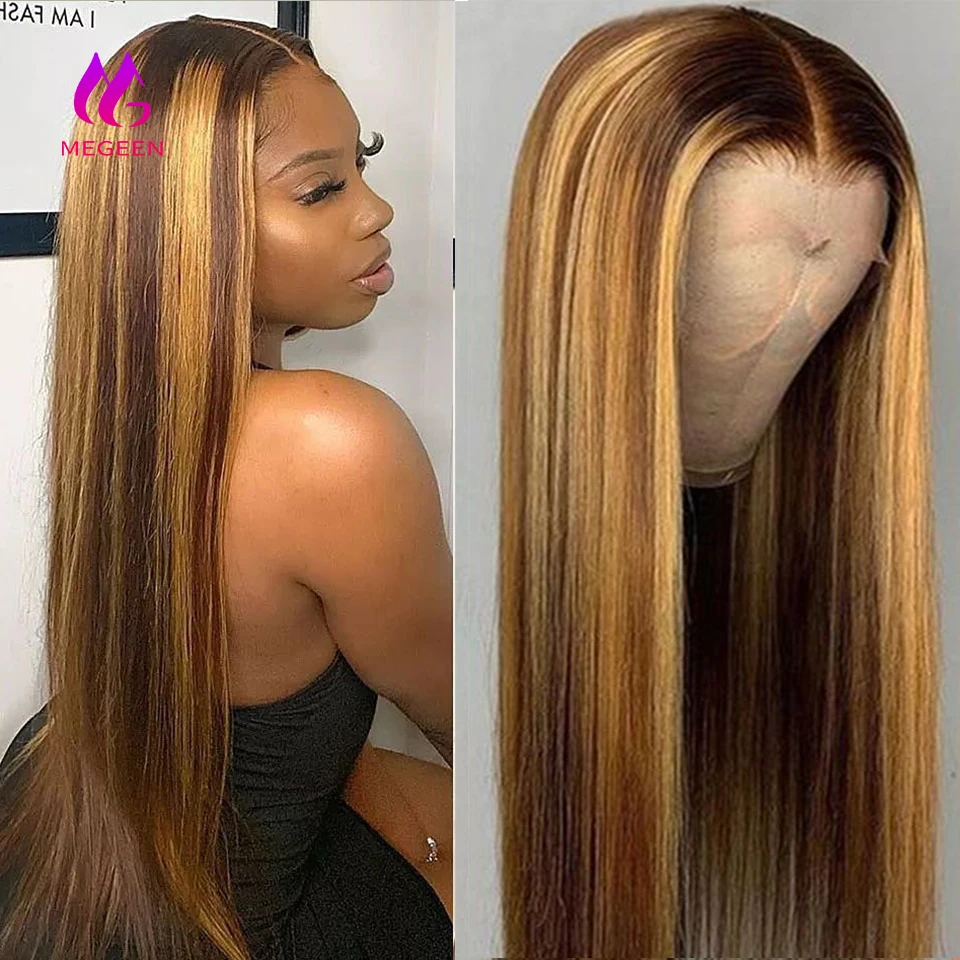 Megeen P427 Colored Straight 13X4 Lace Front Wig Human Hair  100% Human Hair Highlight Pre Plucked Honey Blonde Lace Front Wig