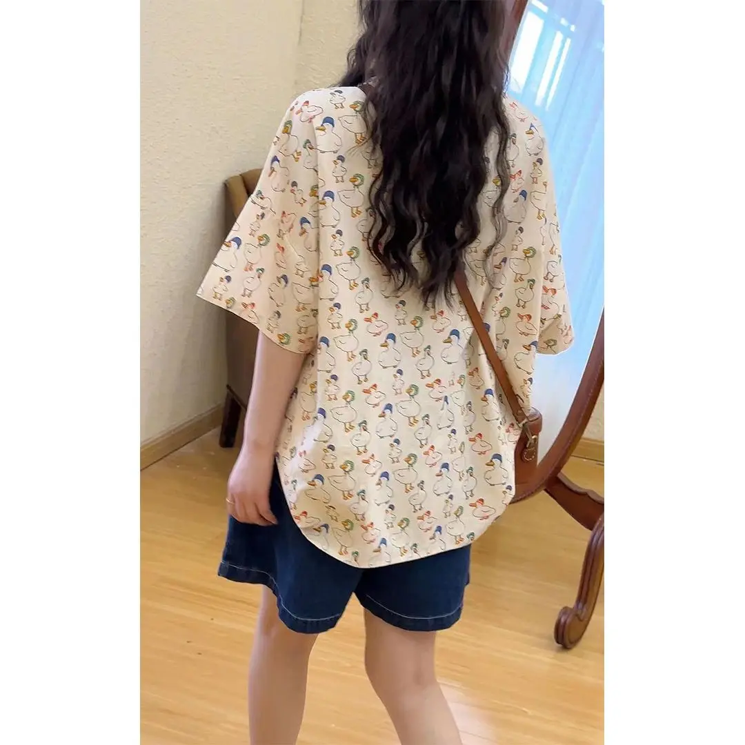 Hip Hop Cartoon Duck with Hat Full Print Shirts Cute Anime Kawaii Beach Shirt Summer Short Sleeve Oversized Blouse Casual Loose