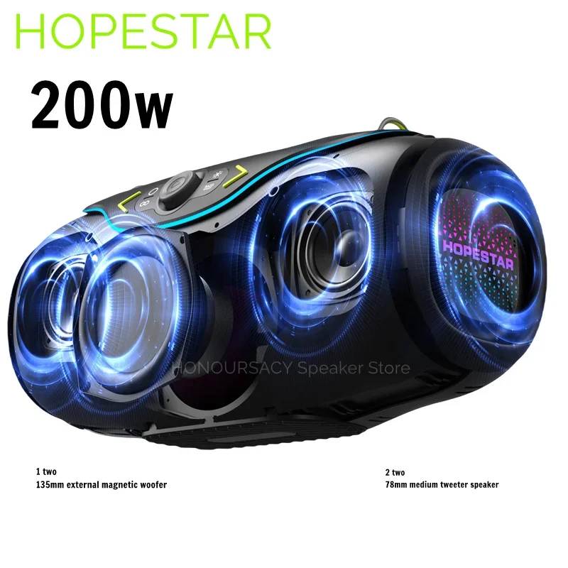 Hopestar A6 Club مكبر صوت بخاصية البلوتوث قابل للنقل 200 وات عالي الطاقة 24000 مللي أمبير في الساعة فائق التحمل مع ميكروفون TWSstereo كاريوكي مكبر صوت لاسلكي