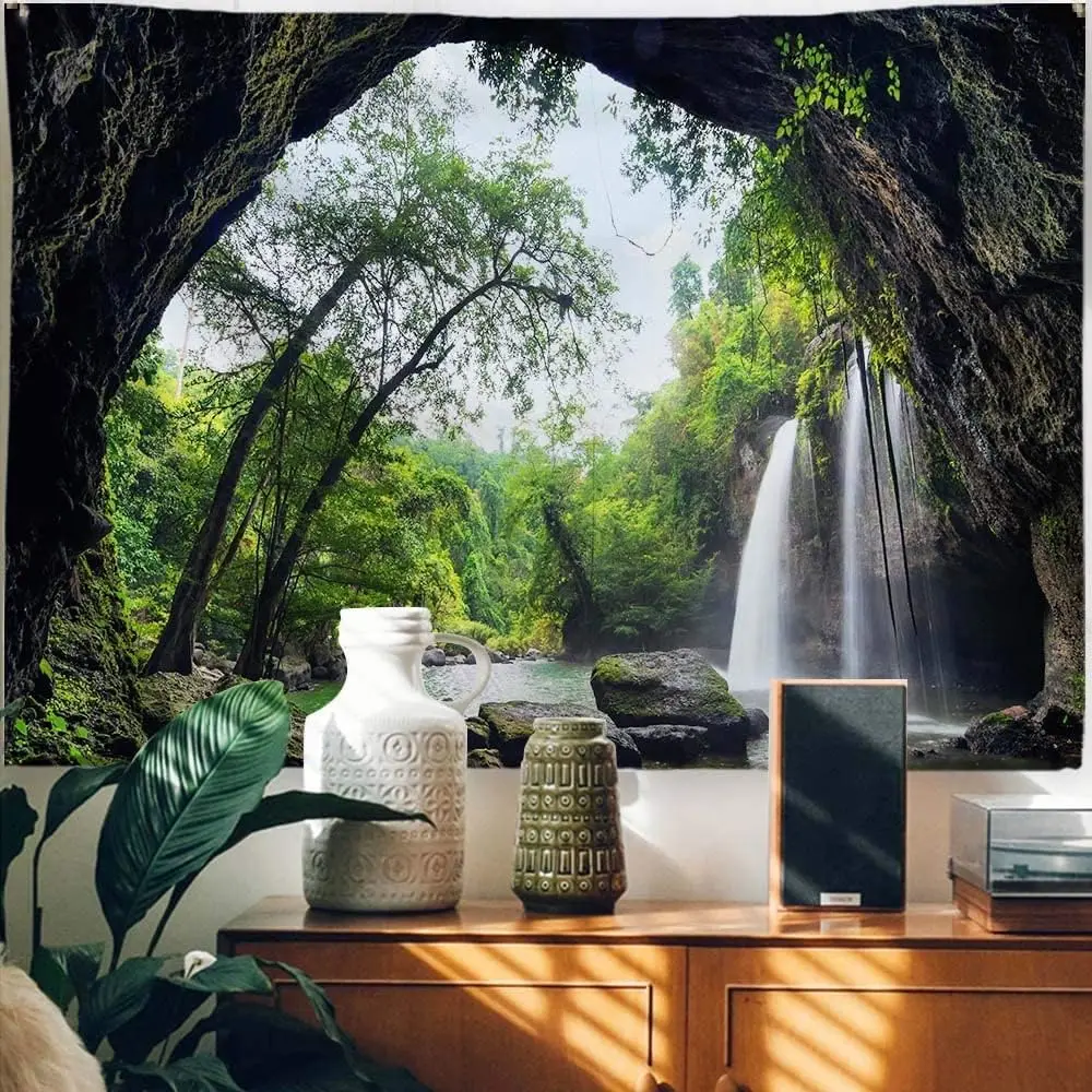 Green Misty Forest Tapestry Wall Hanging Nature Mountain Cave Landscape Tapestry Waterfall River Tapestries for Bedroom Living