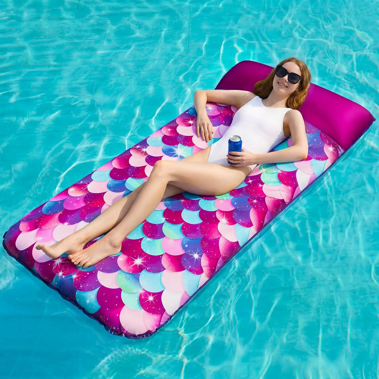 

Inflatable Mermaid Scales Pool Floats, 72" X- Fabric Cove Pool Float with Headrest, Pool Lounge Floaties for Adults, Summ