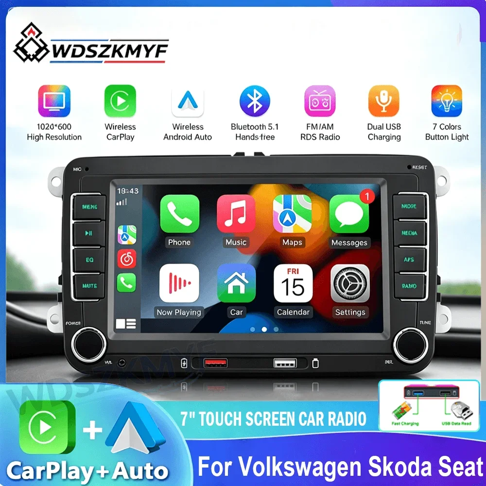 7-Zoll Auto-Multimedia-Player Radio Kabelloses CarPlay Android Auto FM RDS 2-Din-Player Autoradio für VW Golf MK5 MK6 Polo Passat