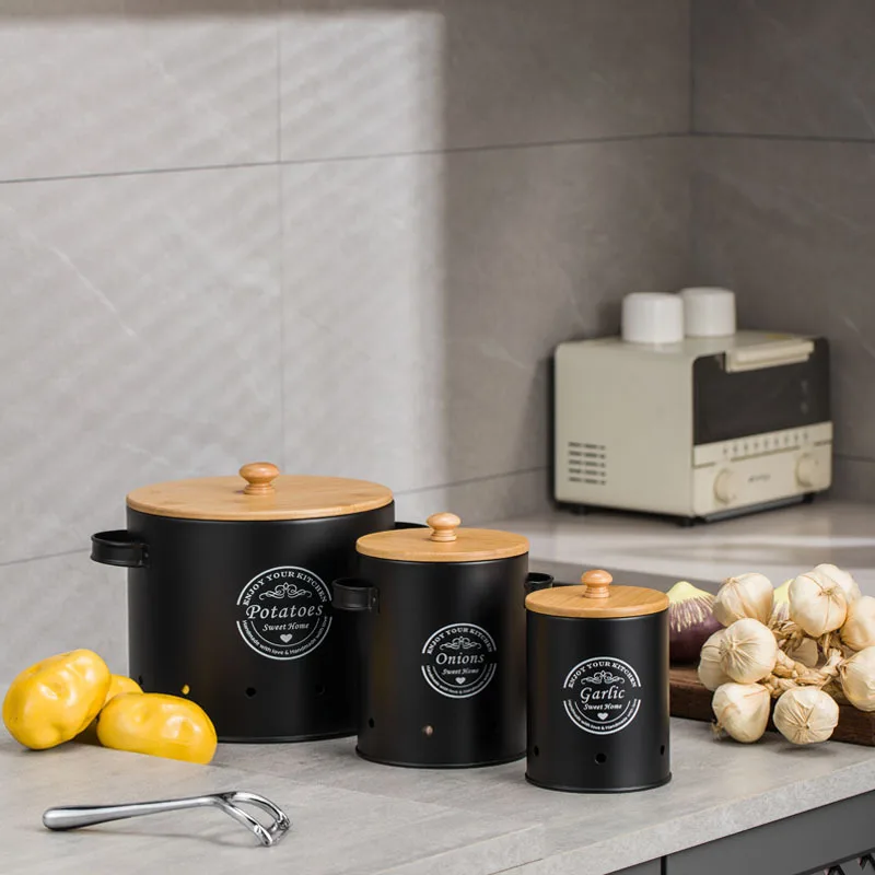 3PCS Kitchen Potato and Onion Storage Bucket Garlic and Potato Breathable Storage Box Set of Metal Cans with Wooden Lids