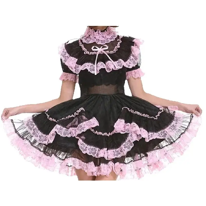 New Hot Selling Lady Black Organza Short Sleeved Lace Trimmed Maid French Uniform Party Dress Custom