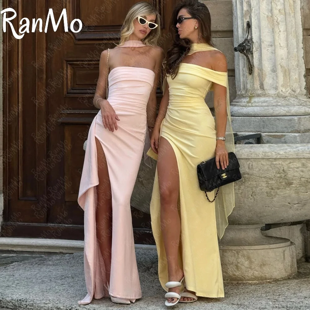 

Ranmo Customized Elegant Mermaid Evening Dress Scarf Off Shoulder Sleeveless Side fork Bespoke Occasion Gowns Celebrity Gowns