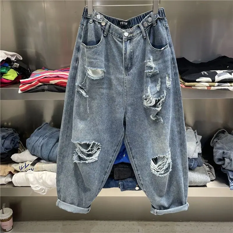 

Men's Loose Straight Leg Jeans Big Size 300 Pou Autumn Winter Hole Punching Dad Pants Casual Wear Durable Polyester Fabric