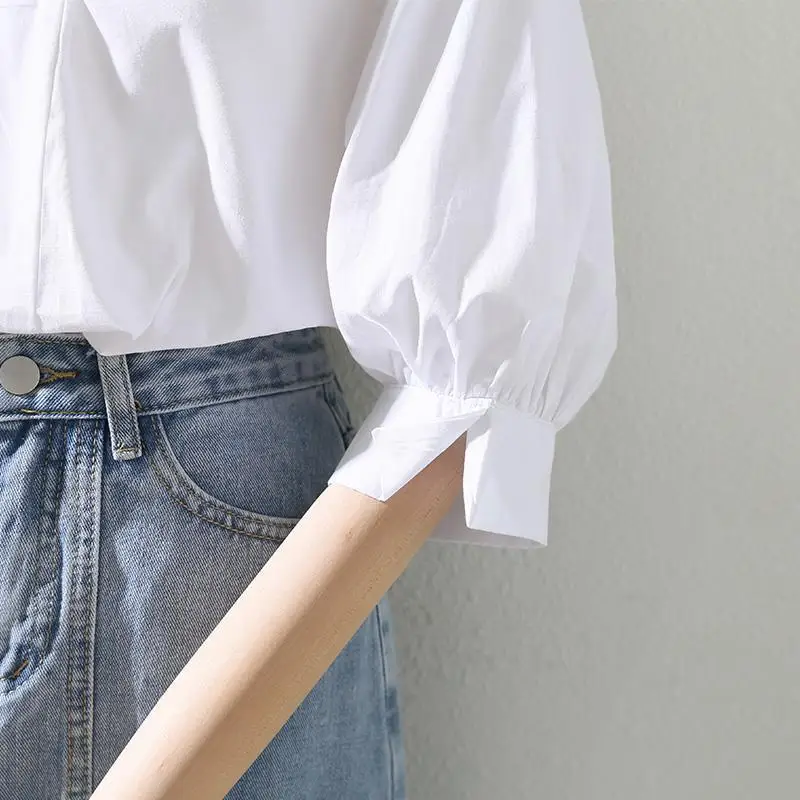 2024 Summer Women\'s Fashion White Simple Blouse Office Lady Business Casual Turn Down Collar Shirt Elegant 3/4 Sleeve Loose Tops