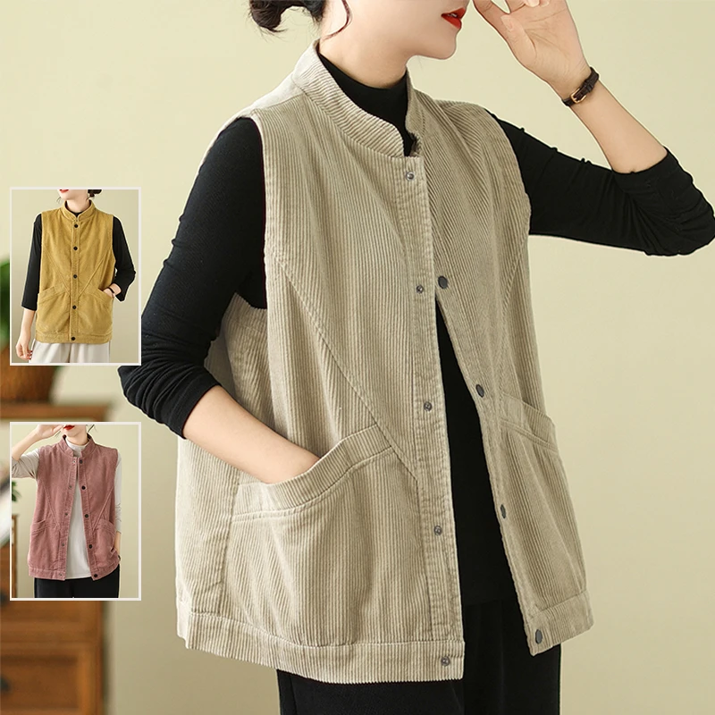 

Осенне-зимний вельветовый жилет Jaet, повседневный топ с воротником-стойкой на одной пуговице для женщин больших размеров, универсальный однотонный цвет