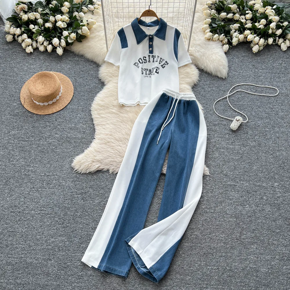 Conjunto de calças femininas conjuntos de duas peças conjuntos de correspondência manga curta casual topos perna larga calças compridas rendas até cintura elástica y2k streetwear