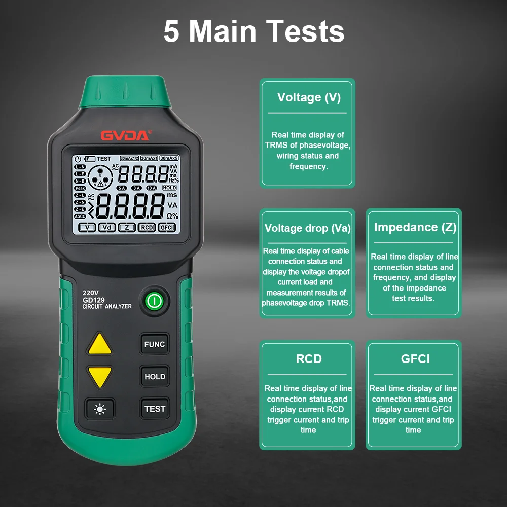 GVDA Digital Circuit Analyzer RCD GFCI Tester Electrical Socket Tester Line Fault Test Device with LCD Short Circuit Finder