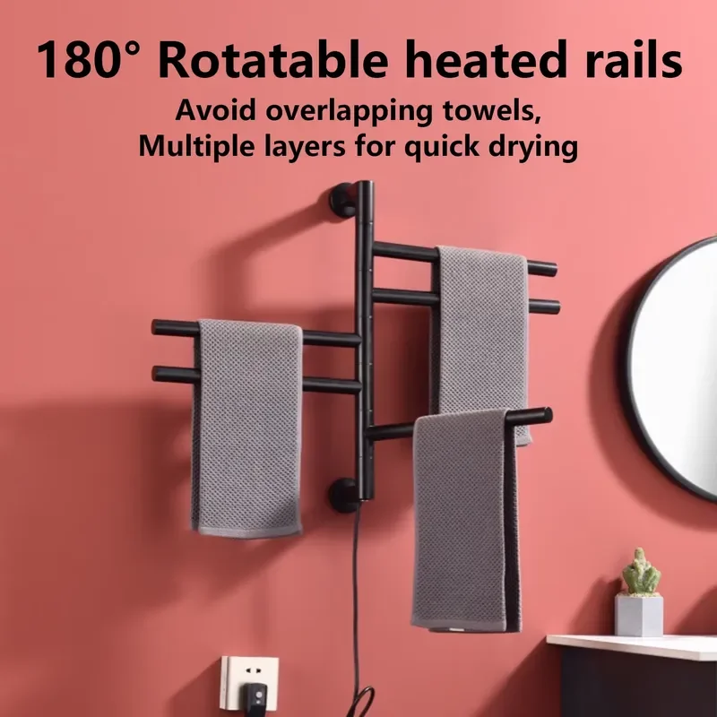 Matte Black Swivel Towel Warmer with 5 Heated Rails Porte Serviette Chauffant 304 Stainless Steel Wall Mounted Heated Towel view 3