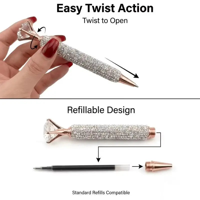 Strass-Kugelschreiber, drehbarer Metall-Kristall-Bling-Schreibstift für Studenten, Büro, Hochzeit, Party, Geschäftspräsentation – Detail 12