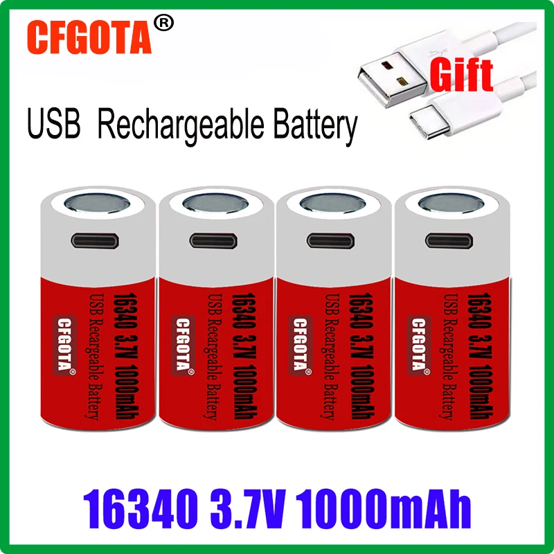 

New USB Fast Charging Original Large Capacity 1000 mah CR123A Rechargeable Lithium Battery 3.7V Lithium Battery 16340 Battery