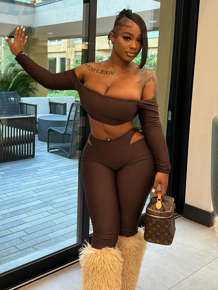 غريب سنور ضيق المرأة 2 قطعة مجموعة مائل الرقبة المحاصيل القمم عالية الخصر جوفاء طماق مطابقة الشارع الشهير ملابس رياضية غير رسمية #1