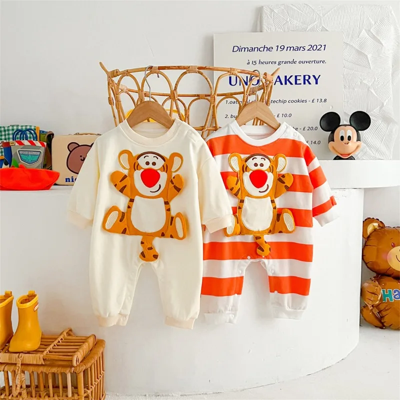 Trendy Tigger Shape Baby Autumn Jumpsuit 0-2 Years Old Male and Female Baby Sweatshirt Style Outing Crawler Cute Striped Tiger