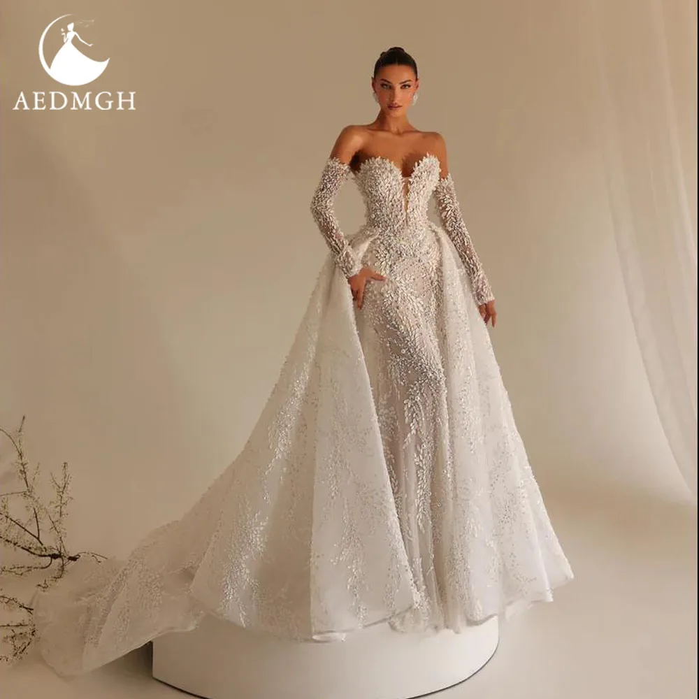 

Сексуальное свадебное платье Aedmgh Mermaid без бретелек со съемным шлейфом, кружевное, с вышивкой, винтажное, на заказ