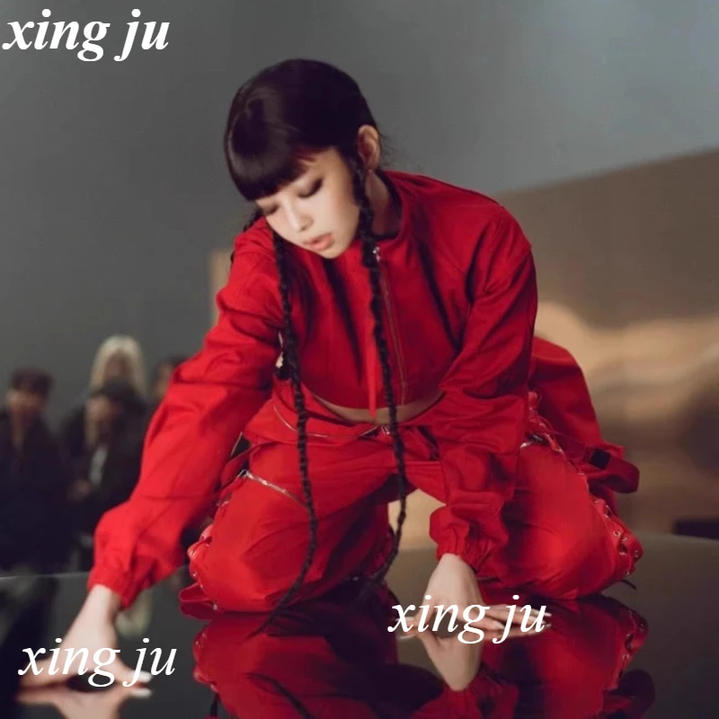 Xing Ju Korean Women Group Jennie Jazz Dance Costumes Red Short Jackets Sexy Tight Black Vest Loose Trousers Kpop Stage Outfits
