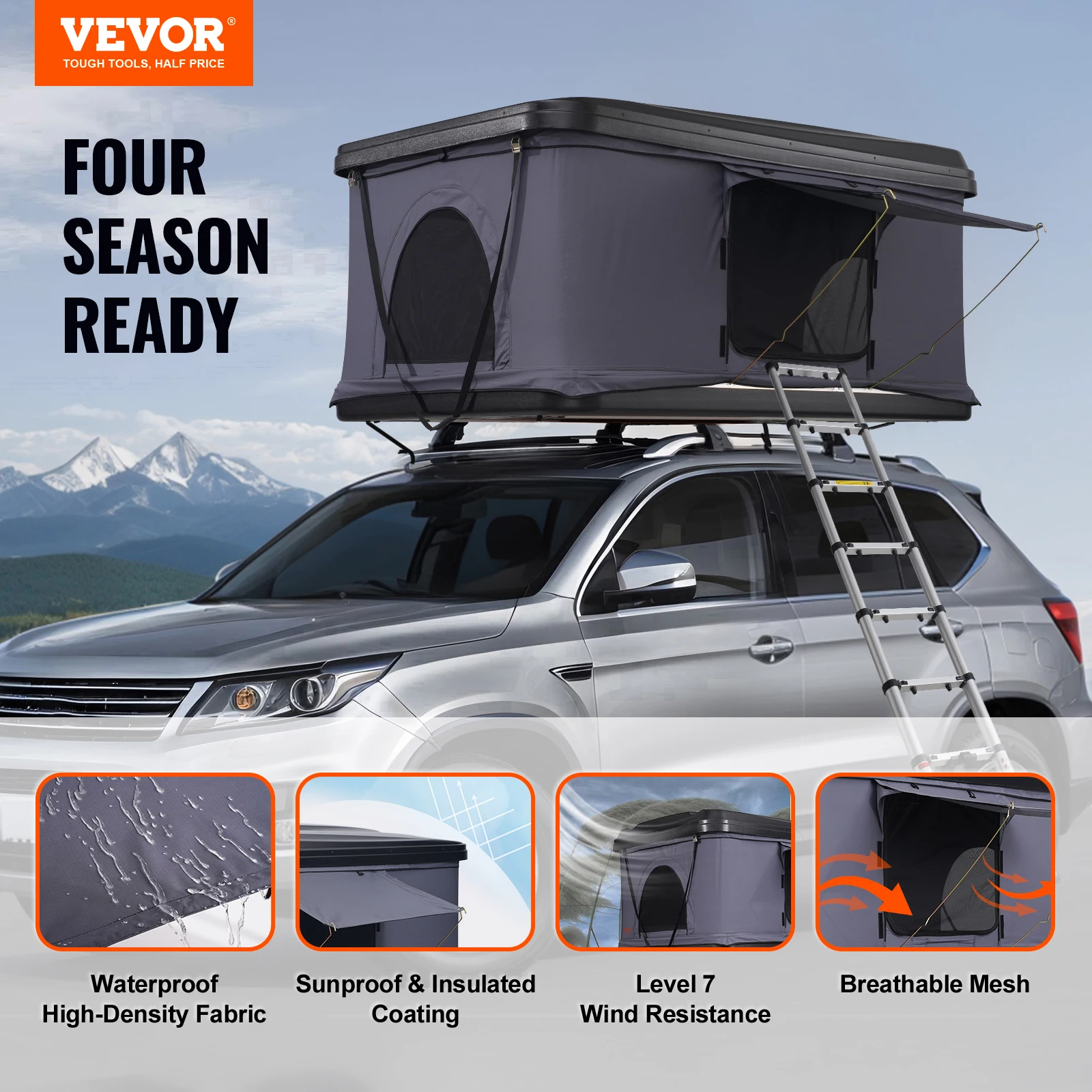 VEVOR Rooftop Tent Hard Shell, Hard Shell Roof Top Tent with Telescopic Ladder Thick Mattress,Waterproof Windproof for Jeep SUV