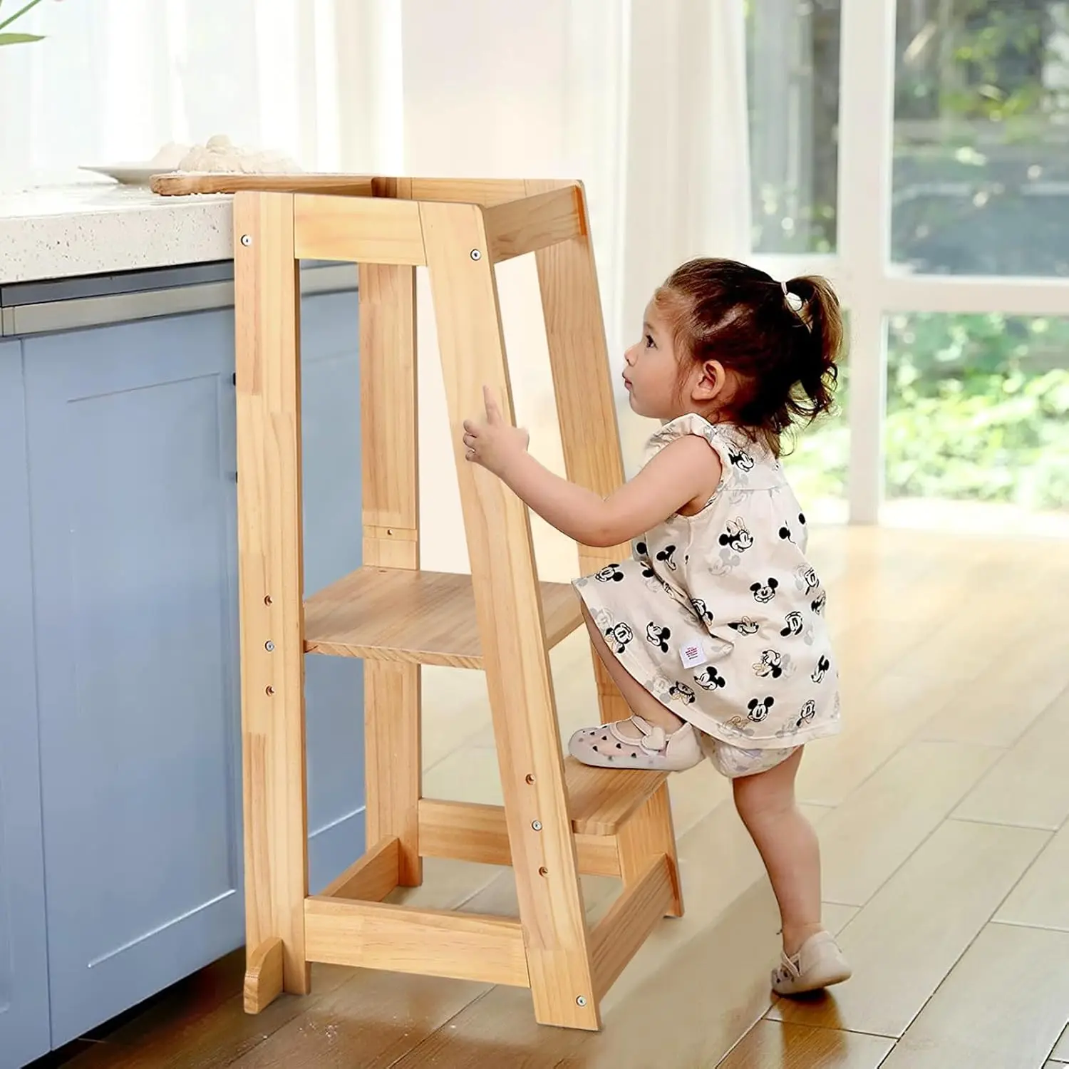 

Adjustable Toddler Tower, Stable Standing Tower with 3 Heights Platform & Steps, Wooden Step Stool for Toddlers with Safe Around