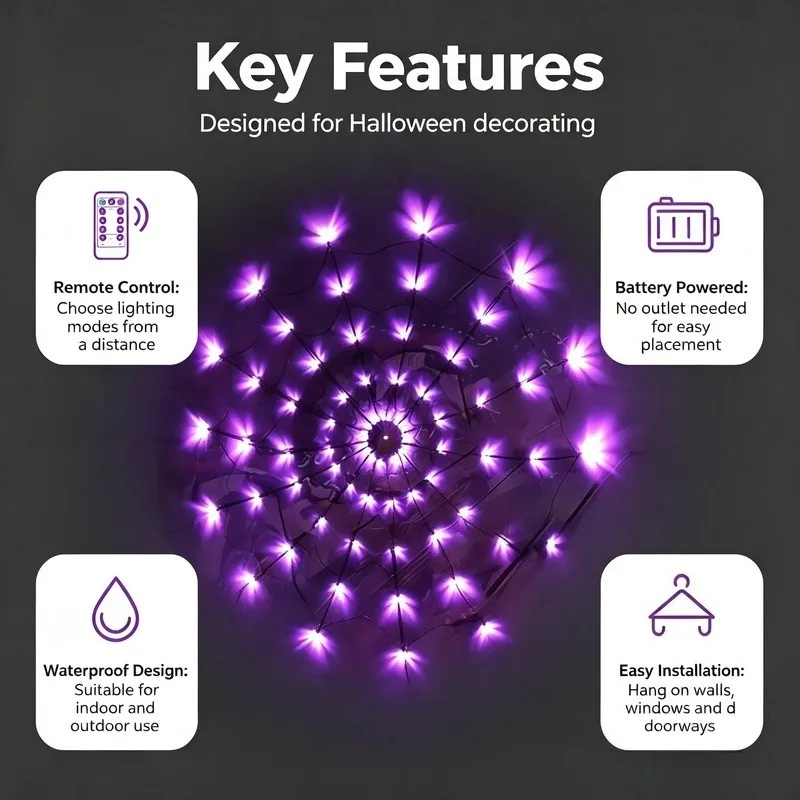 Lighted Halloween Spider Web Decor, LED Wall Lights for Haunted House Indoor Outdoor Party Decoration