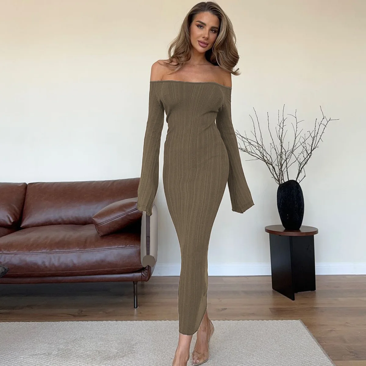 

Ribbed Off Shoulder Long Sleeves Maxi Dress Women'S Sexy Elegant Long Dress Party Club Streetwear Autumn Winter