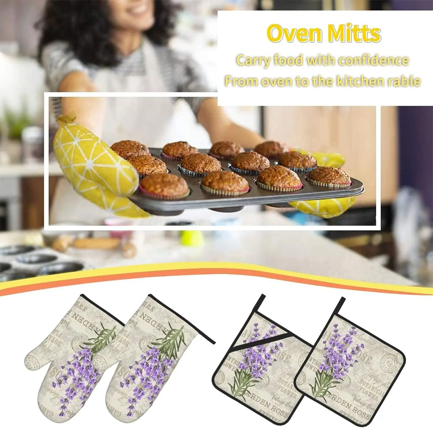 Oven Mitts and Pot Holders Sets of 4 Vintage Lavender Flower Stamp Kitchen Potholder Gloves Heat Resistant Non-Slip for Cooking