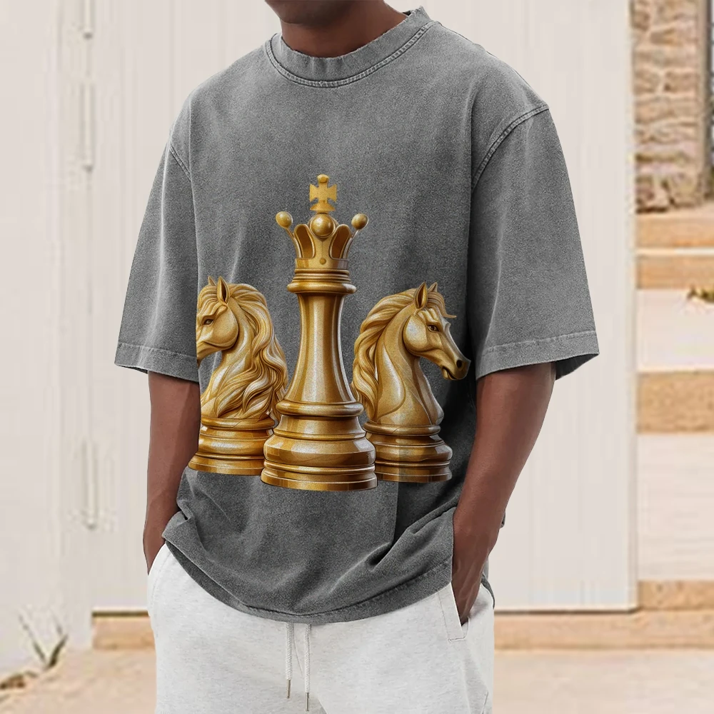 Chess Pieces Print Y2k Graphic T-Shirt Strategic Regal and Tactical Pure Cotton Clothes Soft Fabric for Game-Themed Casual Looks