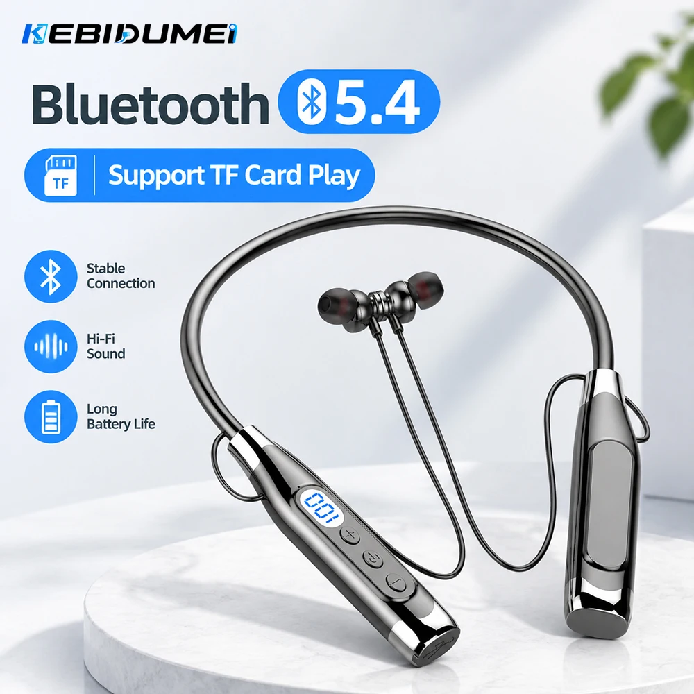 KEBIDUMEI Bluetooth 5.4 Earphones Neckband Headsets with Microphone TWS Wireless Headphones Support TF Card Long Standby Time