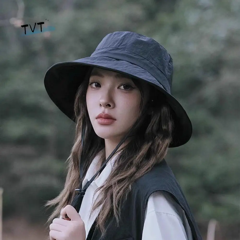 

UV Protection Drawstring Fishmen Hat Solid Color Waterproof Quick Dry Bucket Hat All-match Japanese Wide Brim Sun Hat Hiking