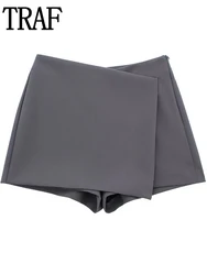 TRAF 2023 Grey Skirt Shorts High Waist Wrap Short Skirts Women Y2K Streetwear Asymmetric Skort Spring Fashion Casual Skirt Pants