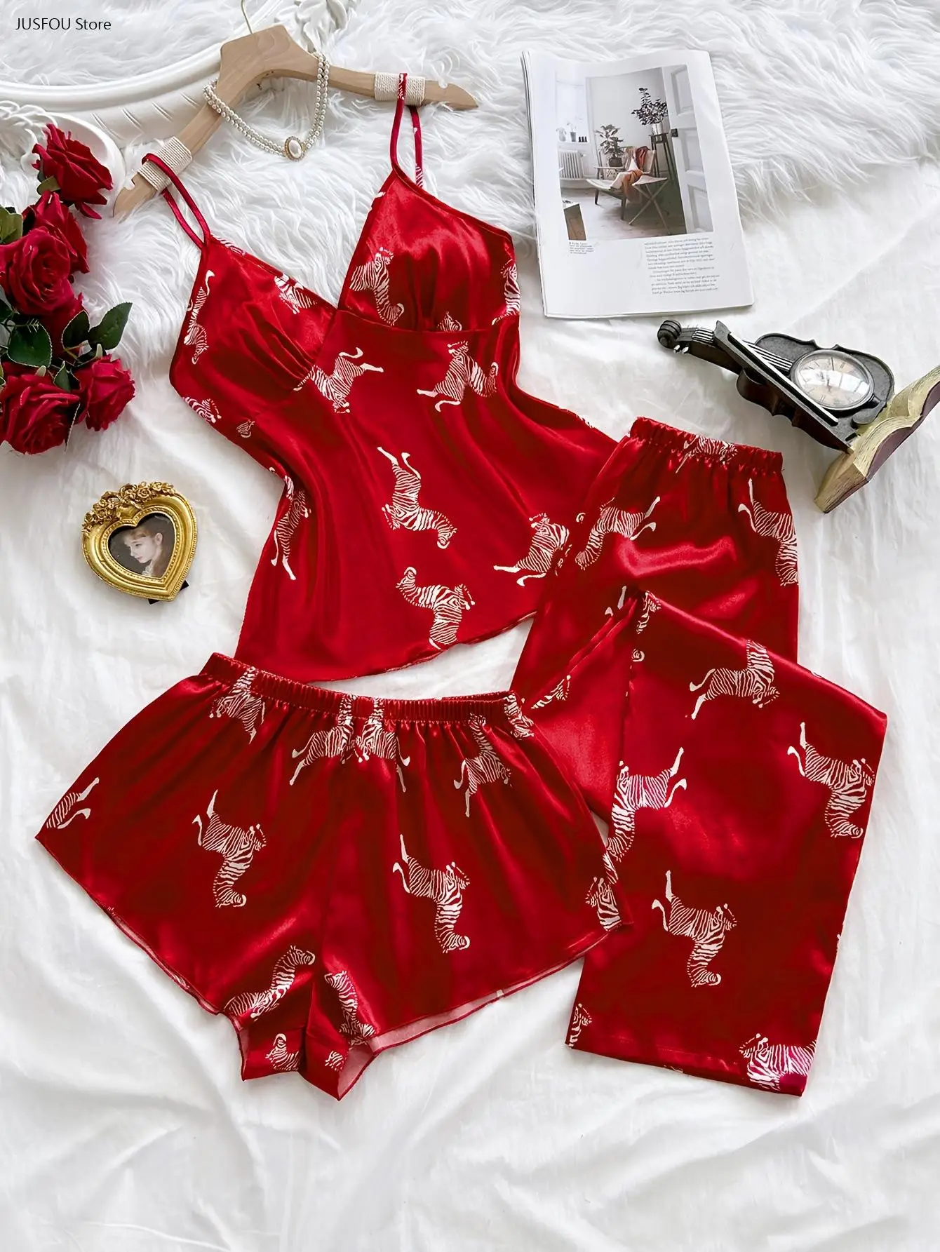 Women Printed Top Pajama Set Sleeveless Soft Loose Loungewear Camisole Long Pants & Shorts Homewear for Daily Household Wear 6