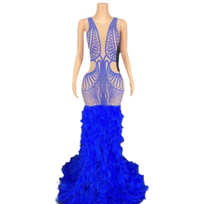 الماس عيد ميلاد لامعة الماس ريشة فستان الزفاف الأرجواني فتاة حورية البحر الكرة مساء فستان Vestido De Gala Noche Mujer Elegante
