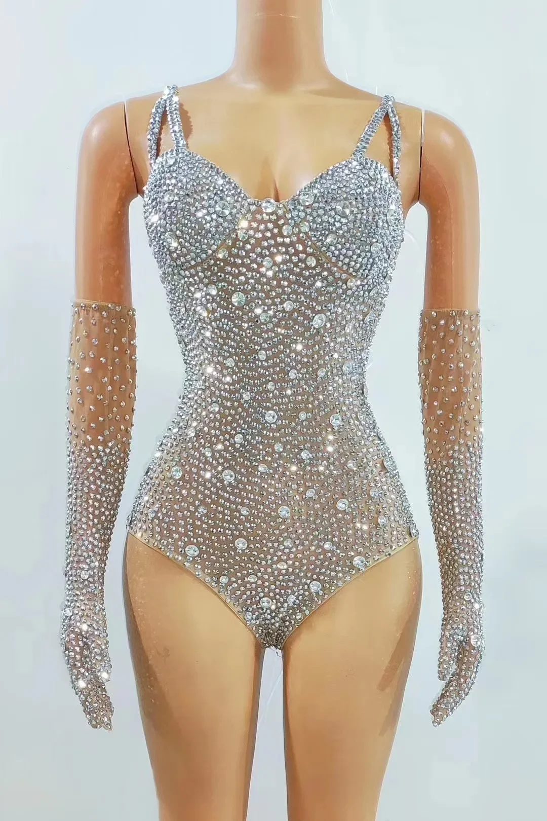 Sexy Stage Brilhante Leotard com Prata Pedras Luvas, Bodysuit, Calças Strass, Roupa De Celebração De Aniversário, Trajes De Fotografia, Traje Completo