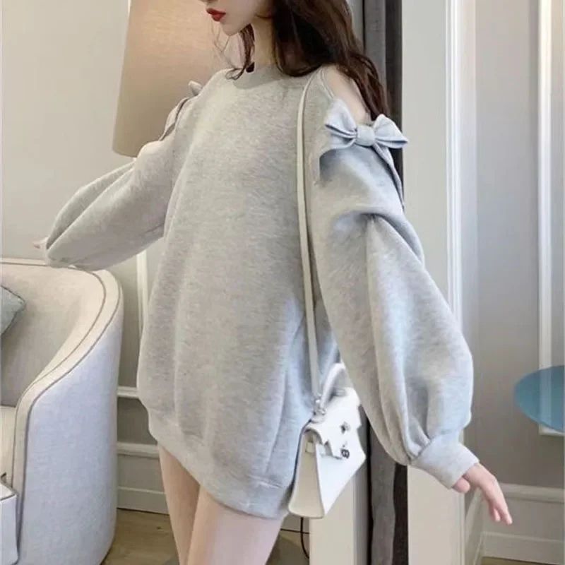 

New Spring and Autumn Fashion Trend Butterfly Knot Off Shoulder Thin Round Neck Loose Versatile Western Spicy Girl Long Sweater