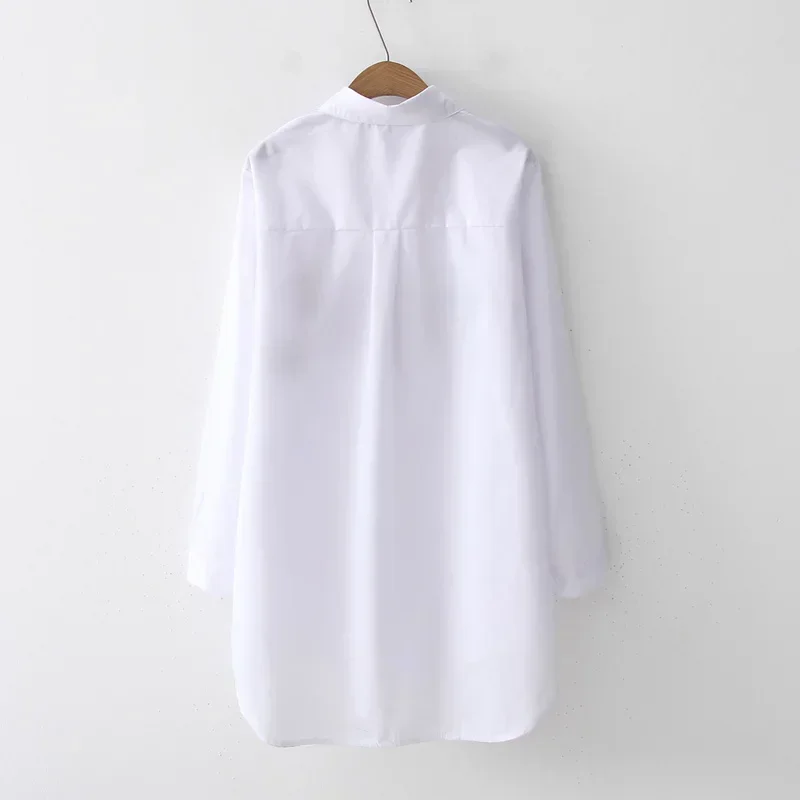 Blusa casual de botão para baixo para mulheres, manga comprida, blusa de algodão bordado, senhora, branca, nova, 2024, 5083 50