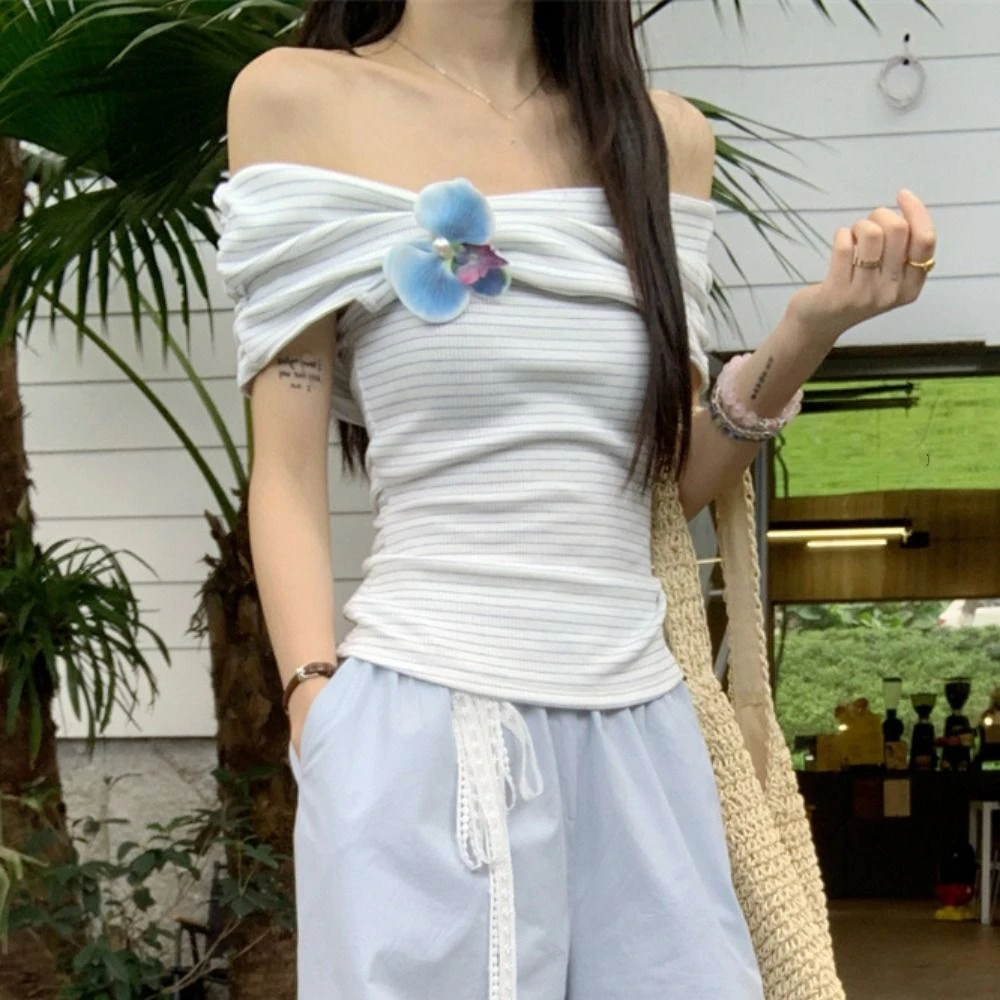 

Fashion Stripe Off Shoulder Crop Top Slim Fit Sweet Bohemia T Shirts Female Clothing Ins Bottoming Shirt Women Beachwear