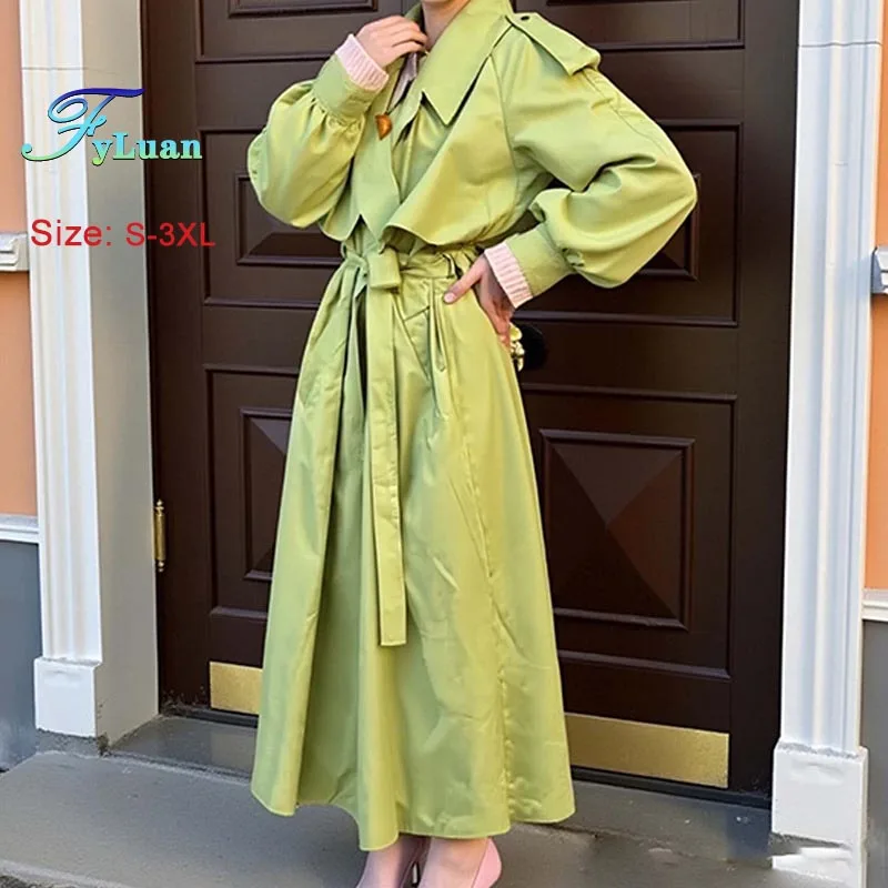 

Модный зеленый плащ с лацканами, женская верхняя одежда с поясом и длинными рукавами, однотонное пальто выше колена, осенне-зимняя пригородная куртка