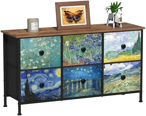 6 Drawer Dresser for Bedroom Van Gogh Chest of Drawers Wide TV Stands Fabric Storage Drawer Unit for Living Room