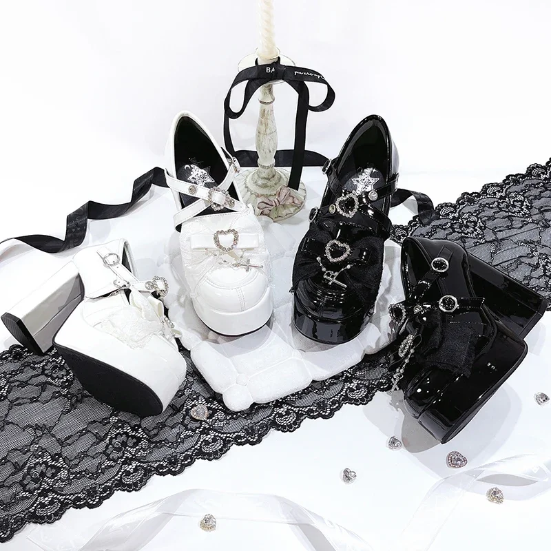 Japanese Style Mass-Produced High Heels Ladies Sweet Rhinestone Heart Chunky Heel Waterproof Platform Women's Pump Shoes