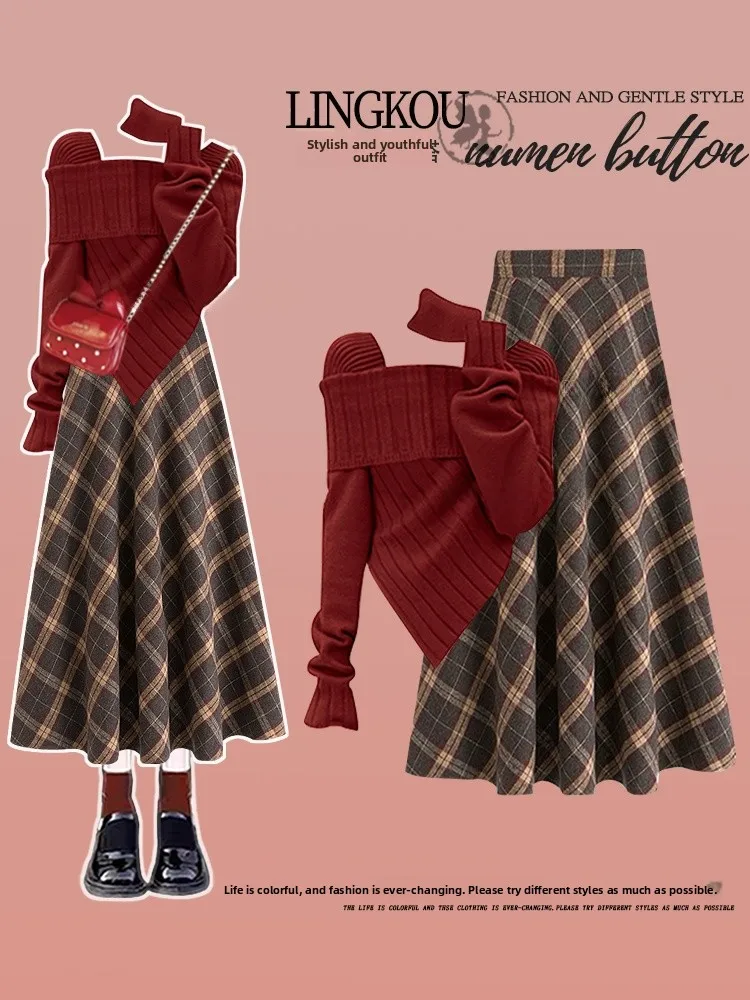 Maglione lavorato a maglia rosso e gonna a vita alta Set da due pezzi per donna Ele plus Size Abito di Capodanno V-Ne Long Sve