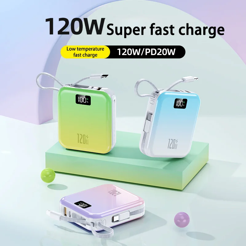 Power Bank 50000mah Mini Portable Slim Built-in 2 Cable Super Fast Charging Gradient Color Mobile Power Bank For Iphone Xiaomi